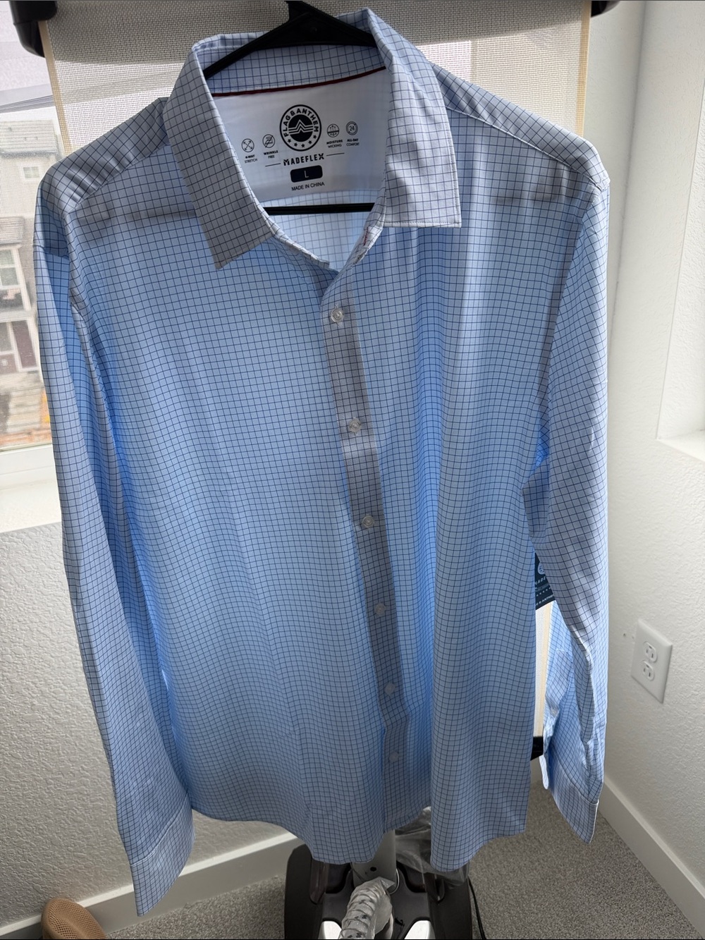 Madeflex Light Blue Windowpane Dress Shirt - Modern Spread Collar
